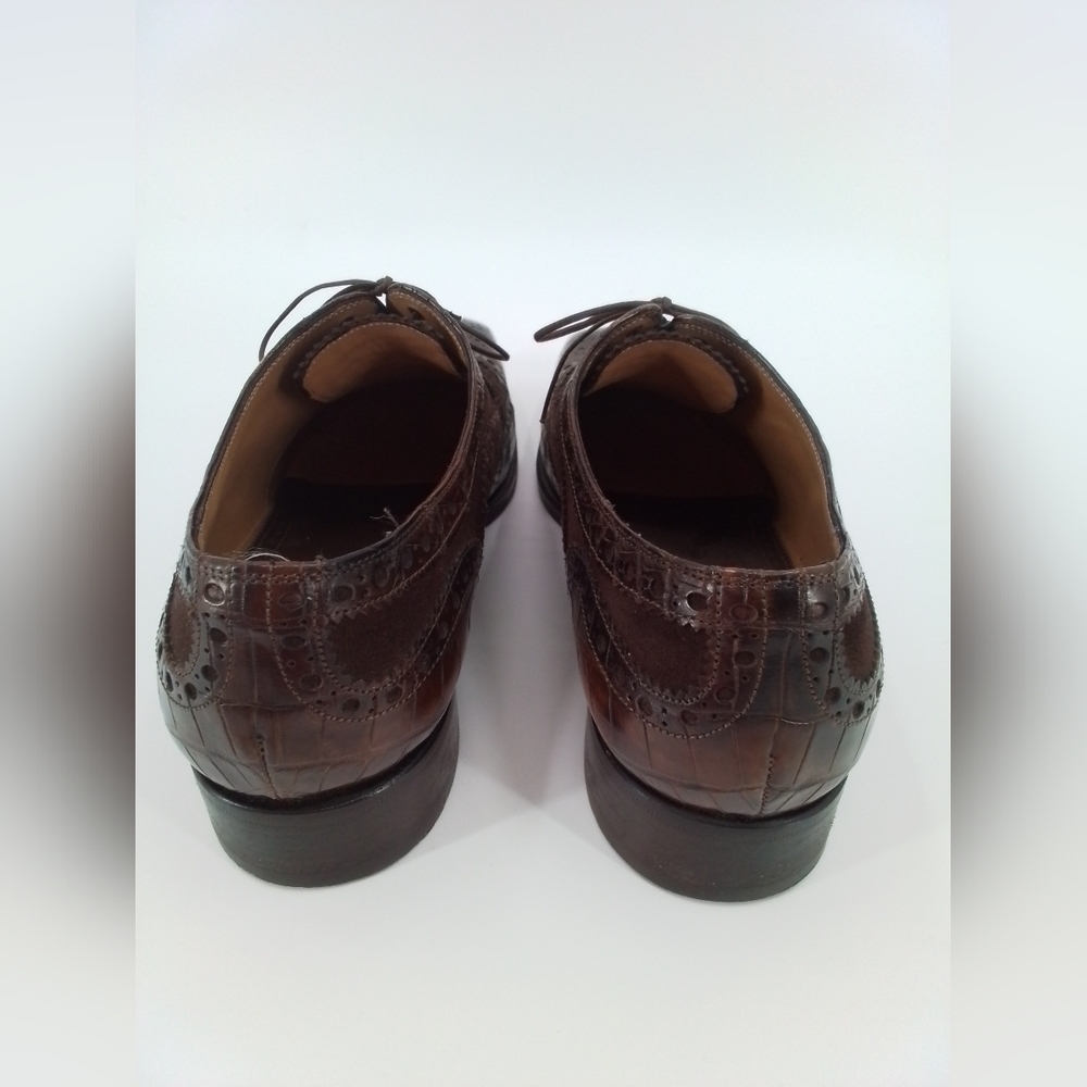 DI Bianco Scarpe Dress Shoe Oxford BROWN SUEDE & ALLIGATOR Wingtip Leather sz 10 - Picture 7 of 12